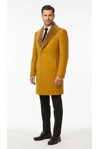 Plus Scorpion Erkek Uzun Kaşe Kaban Çıkartılabilir Kürk Yaka, Astarlı Ve Cepli Slim Fit Mont Hardal Sarısı