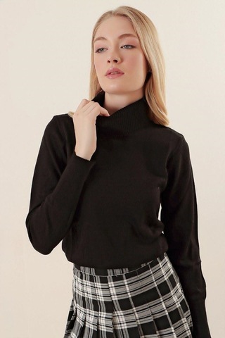 Onno Style Women Düz Balıkcı Yaka Basic Kazak Siyah