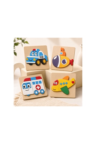 Bebek 4'lü Puzzel Pla Araçlar Temalı 3d Puzzle Seti