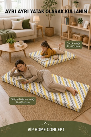 2 Li Katlanabilir Çocuk Oyun Minderi ve Yer Yatağı Seti 70x180 + 70x120 CM 6 CM - Sarı Gri Zikzak