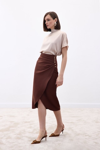 Sateen Düğme Detaylı Kalem Etek - Kahve-136775 Kahve