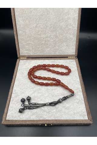 1000 Ayar Trabzon Kazaz Püsküllü Sıkma Kehribar Tespih 8x11 Mm Gümüş