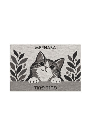 Kartela Halı Merhaba Güle Güle Kedili Kapı Paspası Antrasit Kaymaz Kauçuk Taban Yıkanabilir 60x90 Cm