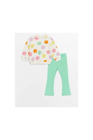 LC Waikiki Lcw Baby Bisiklet Yaka Uzun Kollu Baskılı Kız Bebek Sweatshirt Ve Tayt 2'li Takım Ecru Prınted 2
