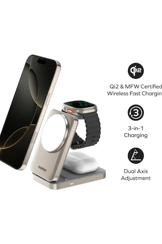 Momax Ud36l 1-charge Q.port 3-in-1 Katlanabilir Qi2 15w Manyetik Kablosuz Şarj Standı - Titanyum Titanium