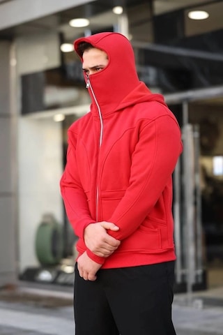 Tarzyeri Erkek 3 İplik Şardonlu Maskeli Ninja Model Çift Kapüşonlu Fermuarlı 4 Cepli Sweatshirt - Kırmızı