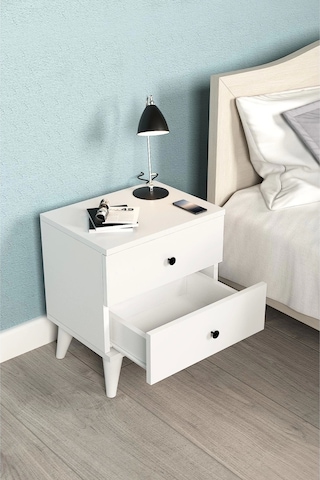 Komidin 2 Çekmeceli Beyaz Siyah Düğme Kulplu Konik Ayaklı Kurulu