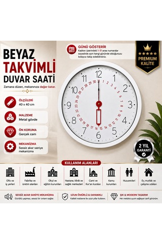 Beyaz Takvimli 40 X 40 Cm Metal Duvar Saati
