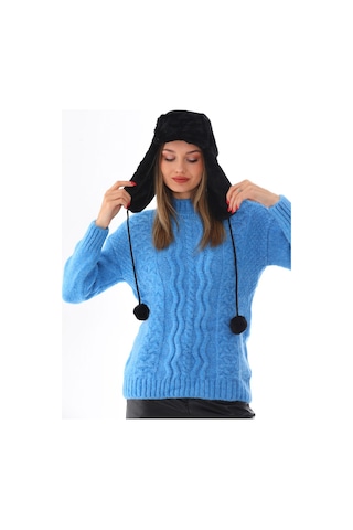 Kadın Siyah Kürklü Kulaklıklı Peluş Şapka Siyah