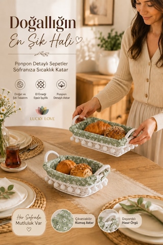 2'li Ponponlu Ekmek Sepeti Seti Oval Ve Dikdörtgen Çıkarılabilir Kumaş Astarlı Hasır Servis Sepeti Açık Yeşil