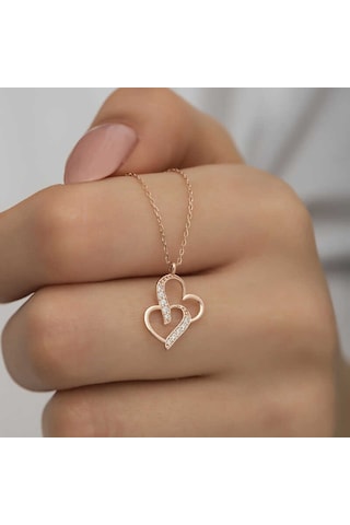 925 Ayar Gümüş Rose Birleşmiş Kalpler Kadın Gümüş Kolye Gümüş
