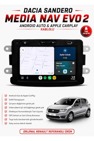 Dacia Sandero Uyumlu 2013-2020 Media Nav Evo 2 Multimedya Navigasyon Carplay / Android Auto Özellikli 1.0.15 Versiyon 7"