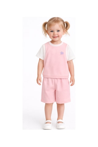 Harika Kids Kız Çocuk Şortlu Takım Yazlık Pamuklu Tişört Şort 2 Li Set Pembe