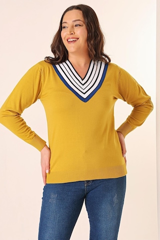 Şeritli V Yaka Büyük Beden Triko Kazak-35348-hardal Hardal