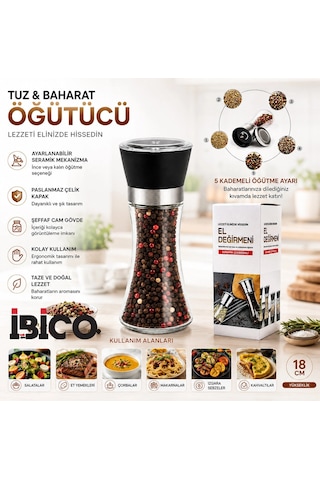 Hand Grınder Büyük Cam Hazneli - Pls.kapaklı - Krom Belli Tuz - Baharat Öğütücü 5047 Çok Renkli