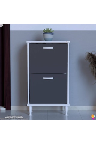 Modilayn Umay Kapı Önü 52x 90x 26 Cm Lik 2 Düşer Kapak 4 Göz Bölmeli Ayakkabılık Antrasit - Beyaz