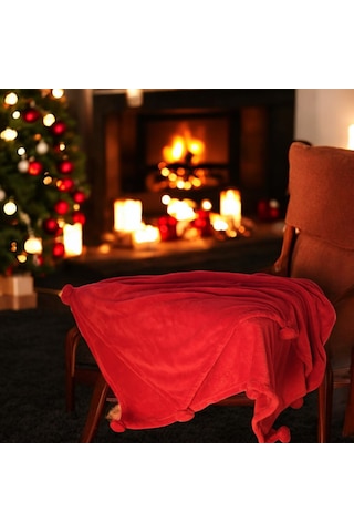 Ponponlu Battaniye 120 170 Kırmızı