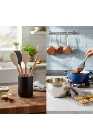 Bambu Saplı Silikon Dar Sıyırma Spatulası, Bambu Uzun Silikon Dar Spatula 27cm 3 Renk Seçenekli Krem 0