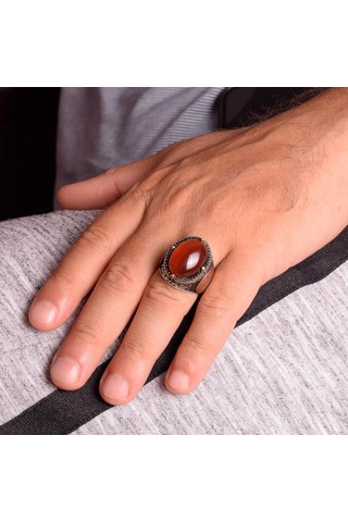 El Yapımı Sterlin Gümüş Yüzük İle Doğal Karnelyan Taşı Ve Süleyman Yıldızı Sembolü Gümüş