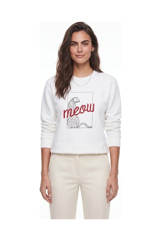 Onloox Kadın Beyaz Beyaz Pamuklu Kumaş Bisiklet Yaka Uzun Kollu Leopar Baskılı Detaylı Sweatshirt T-shirt