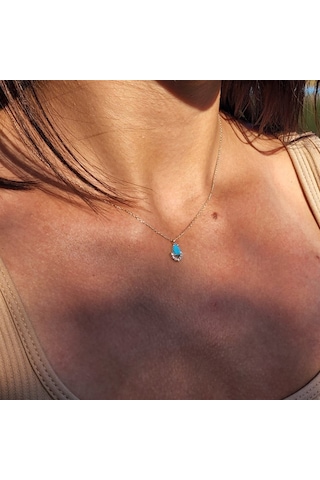 0,50Ct Turkuaz (Firuze) 0,25 Pırlanta Damla Ay Kolye-Doğal Taşlı-Sarı