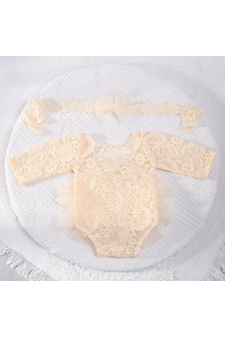 Doğan Kız Fotoğraf Çekim Kıyafetleri Dantel Doğumlu Fotoğraf Kıyafetleri Bebek Zarif - Bej Bej