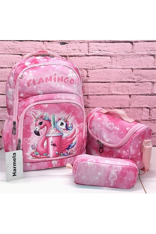 Harmela Kız Çocuk İlk Okul Çantası Pembe 3'lü Set İlkokul Çantası Karakter Desenli Takım Pembe