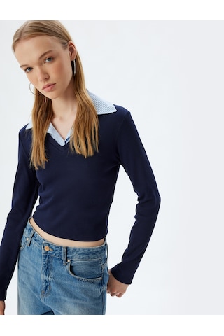 Koton Pamuklu Gömlek Yaka Katlı Slim Fit Uzun Kollu Tişört Lacivert 7wal10124ık