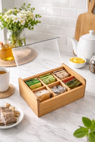 Makri Home Bambu 6 Bölmeli Düzenleyici Kutu, Şeffaf Kapak Bambu