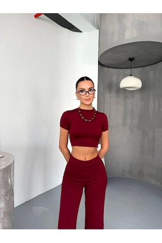 Dogutrend Osy Modal Yumuşak Dokulu Kumaş Kısa Kollu Crop Alt Ispanyol Paça Pantalon Ikili Takım - Bordo