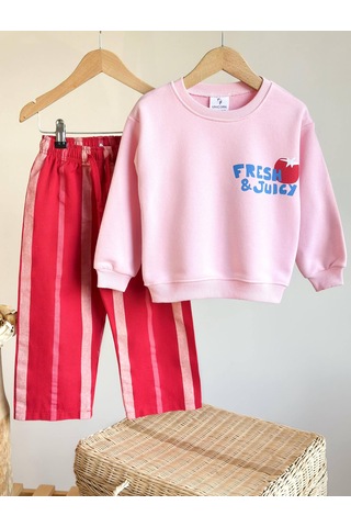 Superbaby Noble Kids Pembe "fresh & Juicy" Baskılı 3 İplik Şardonsuz Rahat Kesim Çocuk Takımı