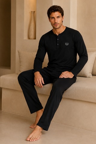 Loule Erkek Siyah %100 Pamuk Penye Uzun Kollu Pijama Takımı