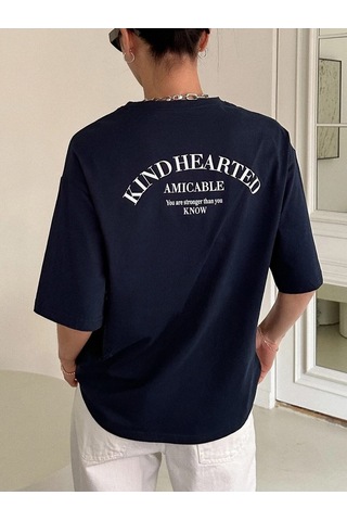 Flood Of Style Kadın Lacivert Kind Hearted Baskılı Oversize T-shirt