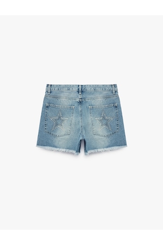Koton Taş Detaylı Pamuklu Rahat Kalıp Mini Denim Şort Açık İndigo 6sal40235md