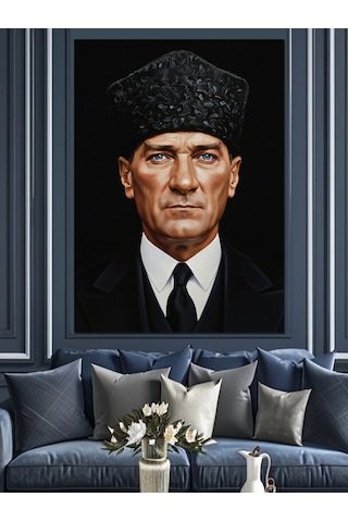 Kalpaklı Mustafa Kemal Atatürk Portresi Dekoratif Kanvas - Mdf Ahşap Tablo