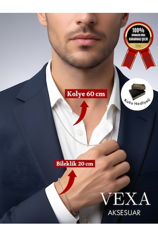İthal Premium 3 Mm Kararmaz Örme Çelik Kolye Ve Bileklik Set - Kutulu Ve Hediyeli Ürün Gümüş
