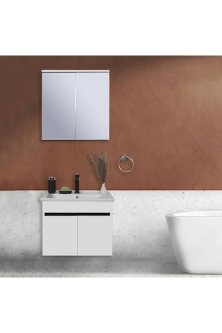 Sözcan Mobilya Yıldız Takım Asma Alt + Aynalı Üst + Lavabo Beyaz 65 CM