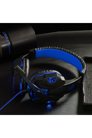 Vkemall Oyuncu Kulaklığı, 40mm Stereo Ses, Gürültü Engelleme Mikrofon, Usb+3.5mm Bağlantı, Soluk Işık Efekti, Siyah+mavi