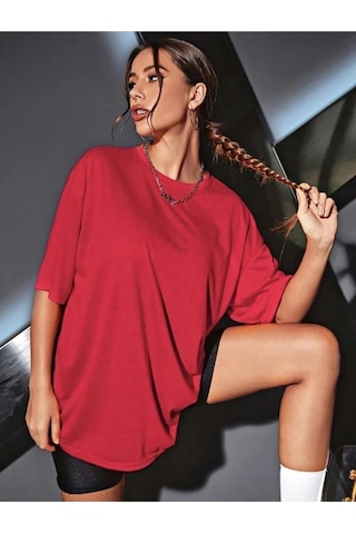 Hırsch Unisex Oversize Düz Kırmızı T-shirt Kirmizi
