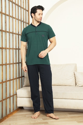 Enisena Erkek %100 Pamuk Pijama Takımı -3 Düğmeli-robalı 12383 Haki