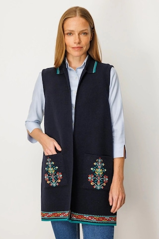 Desen Triko Polo Yaka Etek Ucu Kilim Desenli Uzun Kadın Yün Yelek 25055 Lacivert
