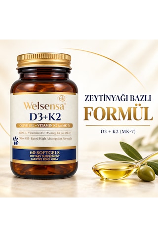 D3k2 Vitamin D3 1000 Iu Ve Vitamin K2 25 Mcg Mk-7 60 Softjel Kapsül