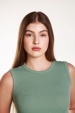 Kadın Fitilli Likralı Sıfır Kol Bisiklet Yaka Örme Atlet Tshirt Bluz Çağla Yeşili