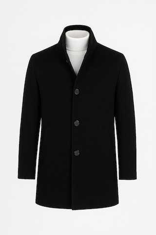 Erkek Siyah Slim Fit Dik Yaka Kaşe Kaban-Siyah