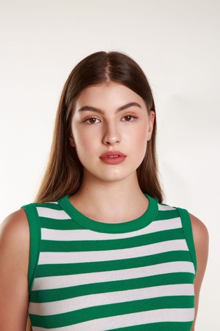 Kadın Yeşil Beyaz Çizgili Fitilli Likralı Sıfır Kol Bisiklet Yaka Örme Atlet Tshirt Bluz Yeşil - Beyaz