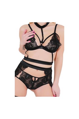 Sistina Bayan Siyah Dantel Jartiyer Takım 815 Siyah