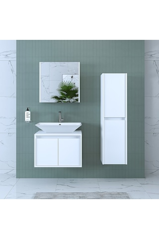 Banos Banyo Roomart Lavabolu Mat Beyaz Mdf 65 Cm Banyo Dolabı+Ayn Mat Beyaz