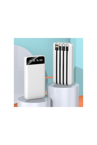 10000 Mah Powerbank Kendinden 4 Kablolu Dijital Ekranlı 4 Çıkışlı Powerbank Koruma Kılıfı li Beyaz