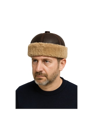 Okcubaba El Yapımı Hakiki Deri Kürklü Kahverengi Börk - Soğuk Geçirmez Geleneksel Başlık