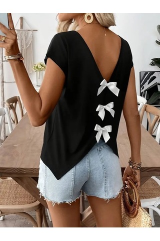 Kadın Kısa Kollu V Yakalı Arkadan Kurdele Detaylı Viskon Bluz Karışık